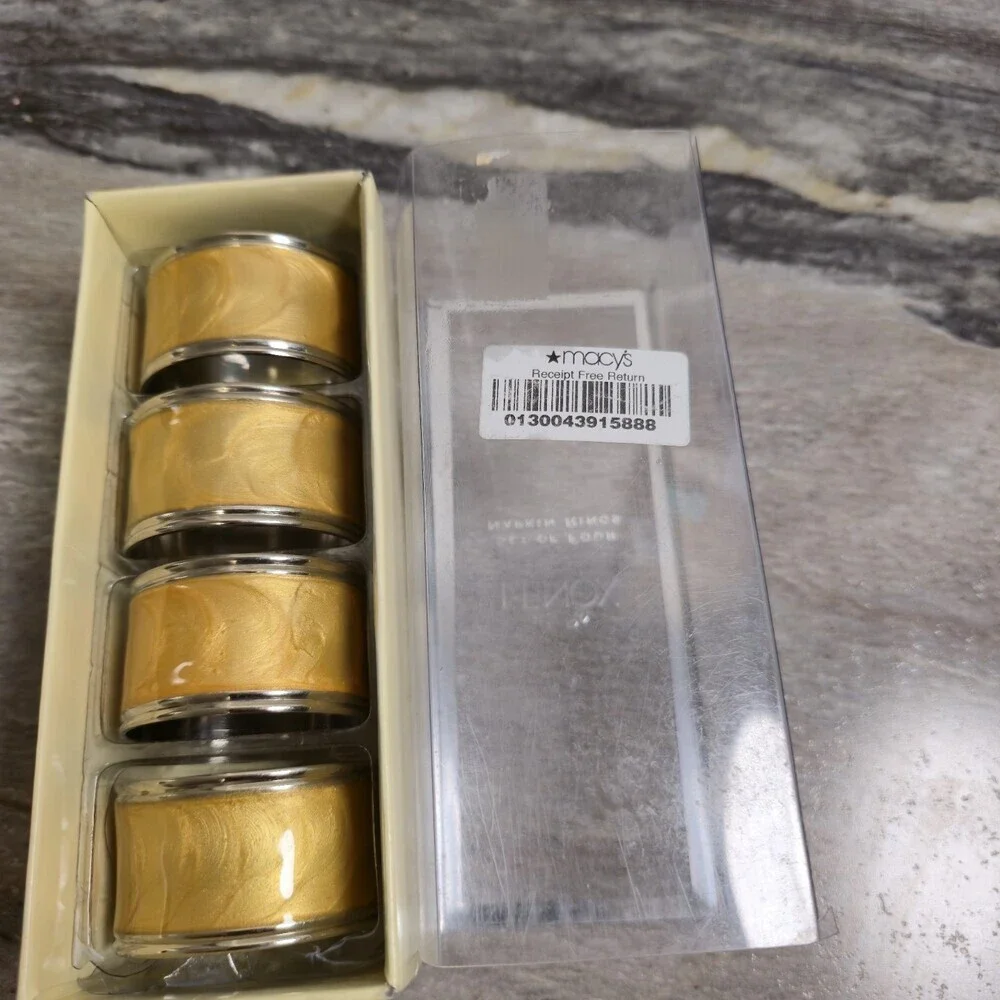 Lenox Gold Enamel Napkin Rings Set of 4 Silver Tone Trim NIB Table Decor